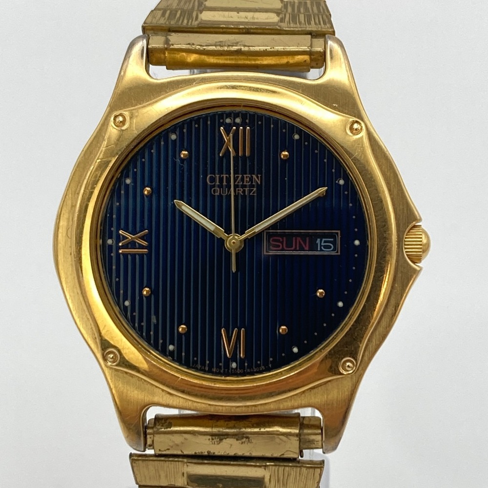 Vtg Citizen Mens Watch Gold Tone Blue Striped Dial 5500-R10354 New Battery 6.75"
